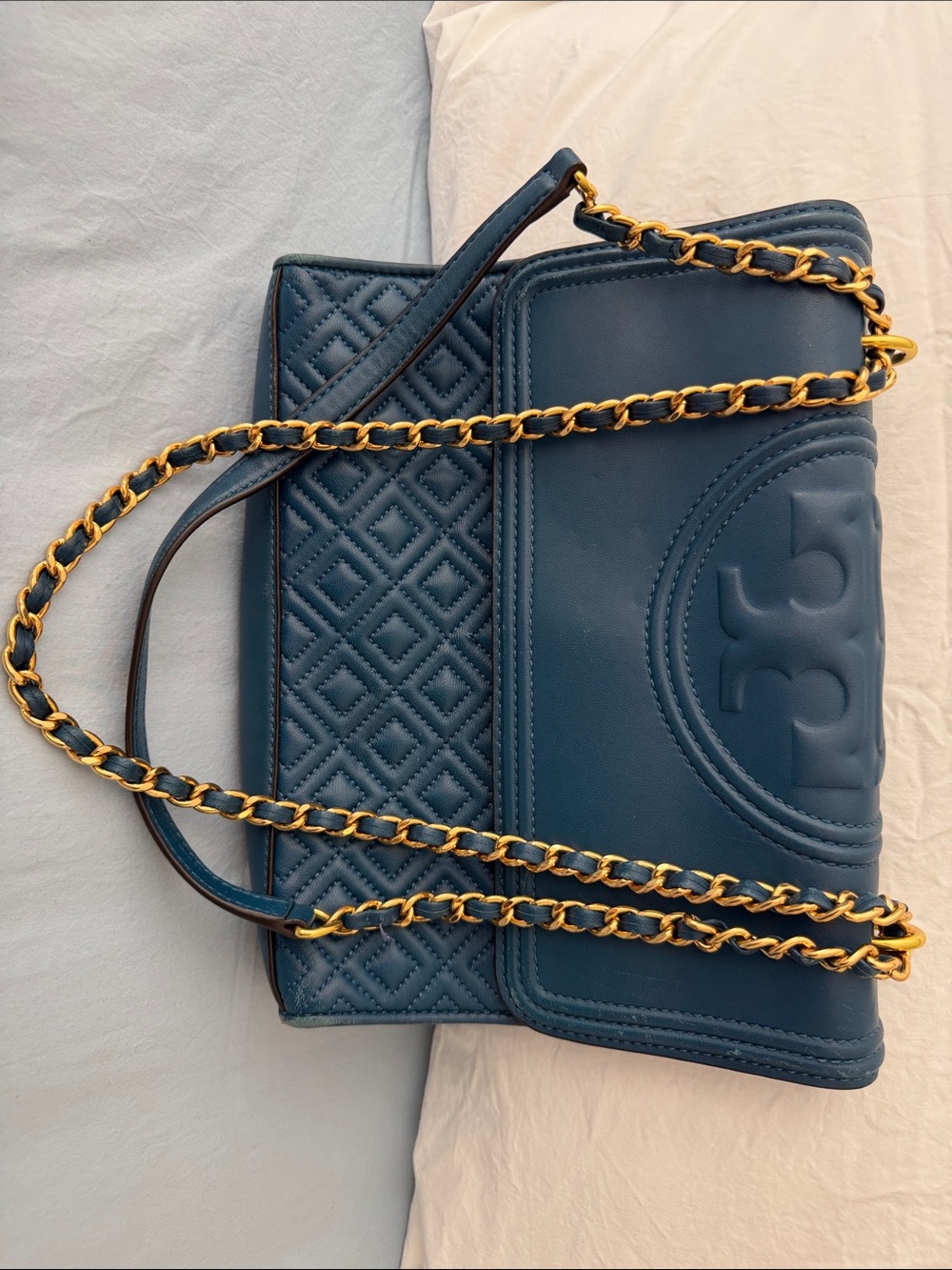 Tory Burch Quilted Navy Shoulder Bag with Gold Chain